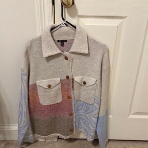 Versona Beige and Blue Cardigan with Red Accents